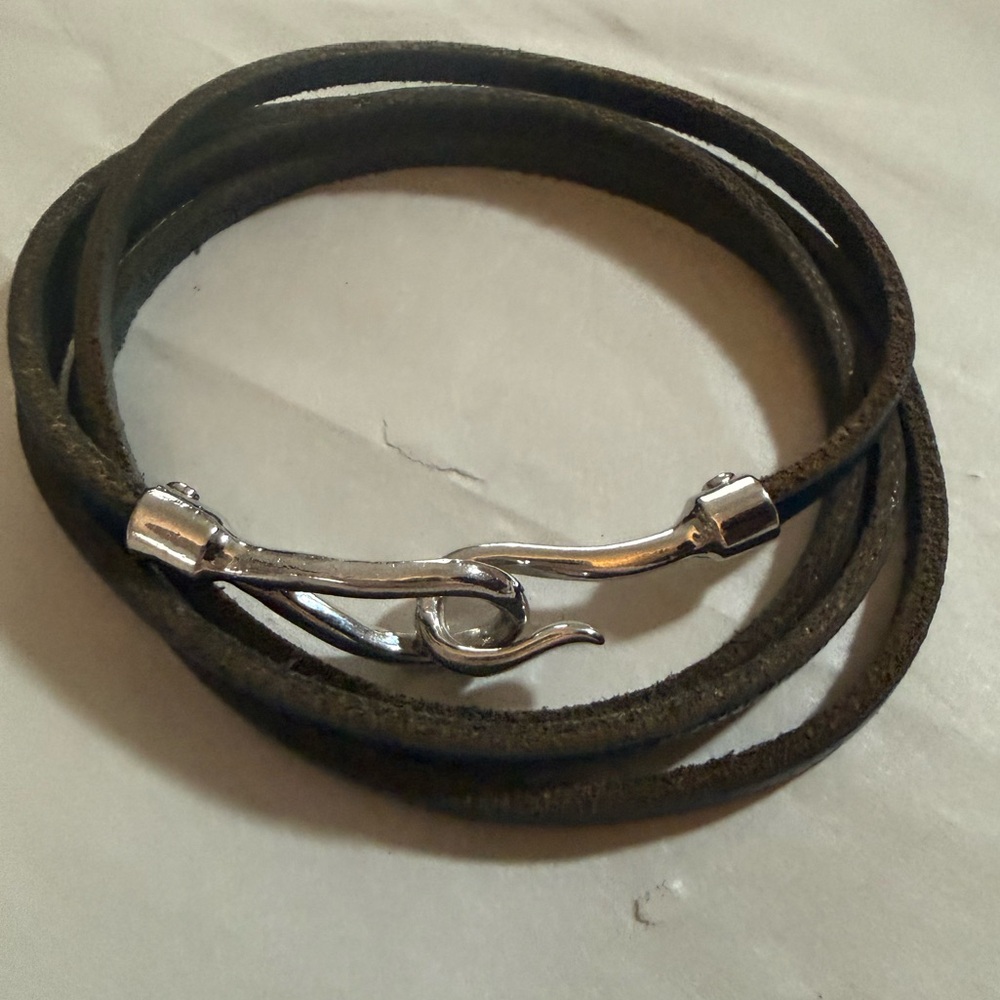 Men's Blue Leather Wrap Bracelet Silver Tone Hardware, Equestrian Style 38" L